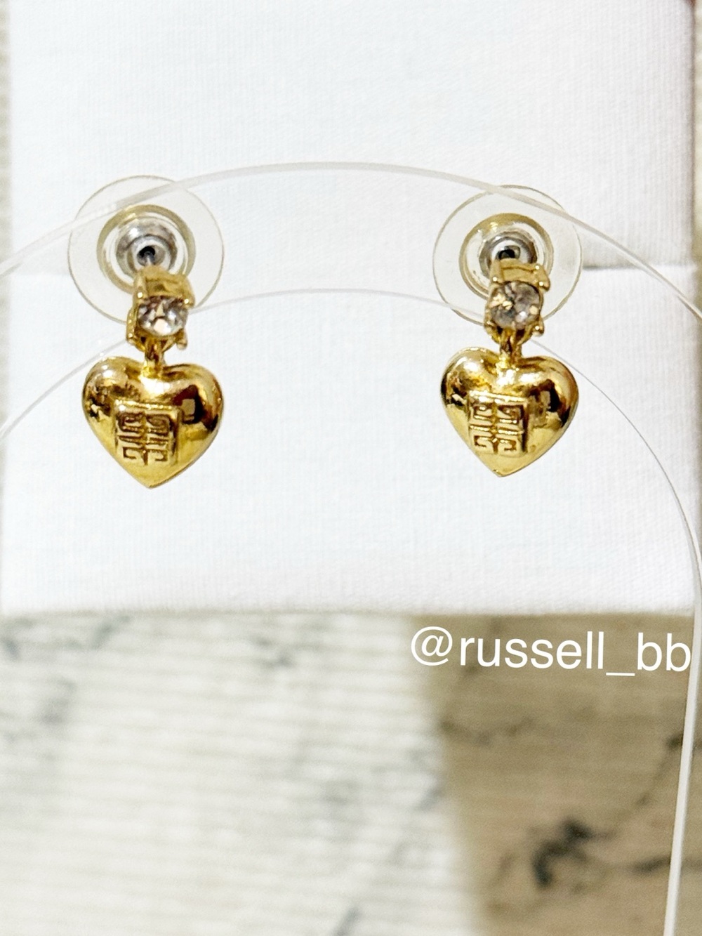 Givenchy Vintage Gold Heart Logo Drop Pierced Earrings with Cubic Zirconia